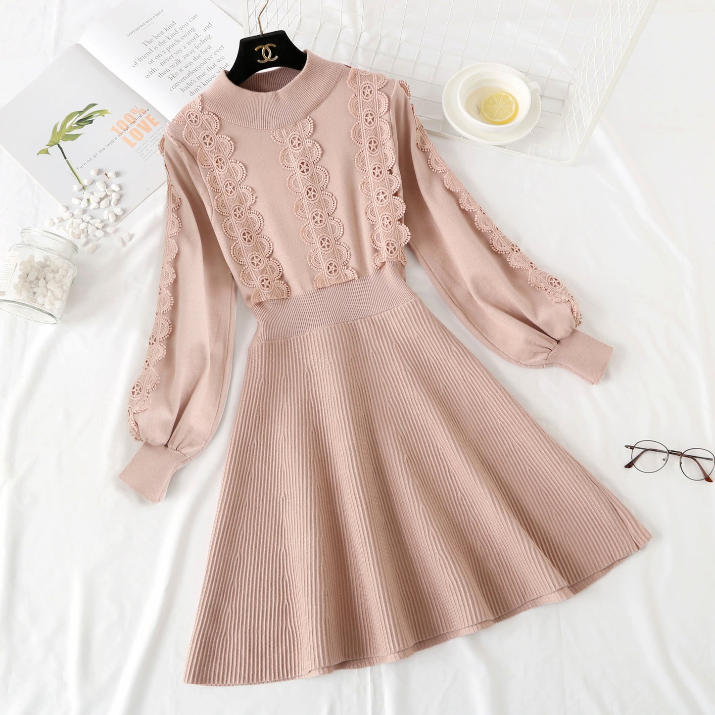 Knit wool skirt over knee Lace Panel with long skirt inside  2243