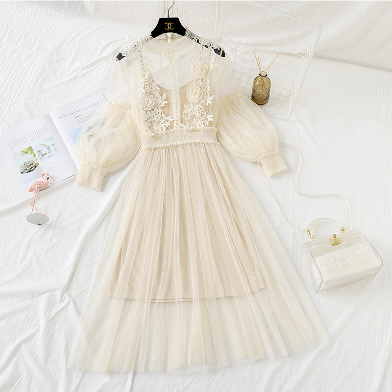 French retro skirt autumn mesh suspender skirt set  2132