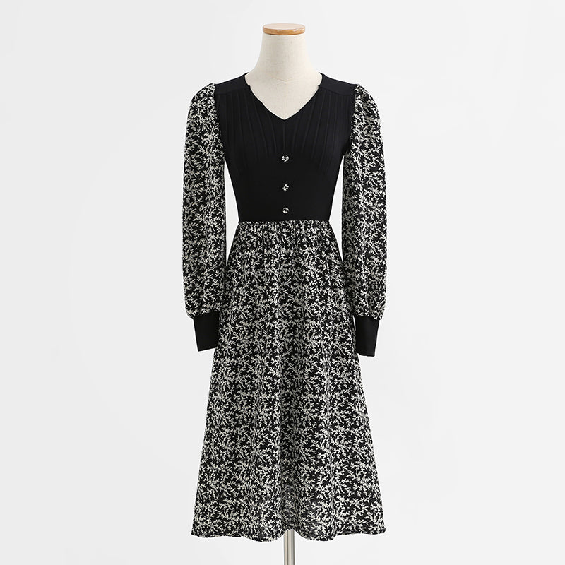 New Retro long skirt stitched black knitted skirt premium skirt  2238