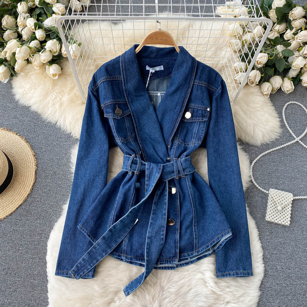 Denim Jacket Women's V-neck double breasted  1512