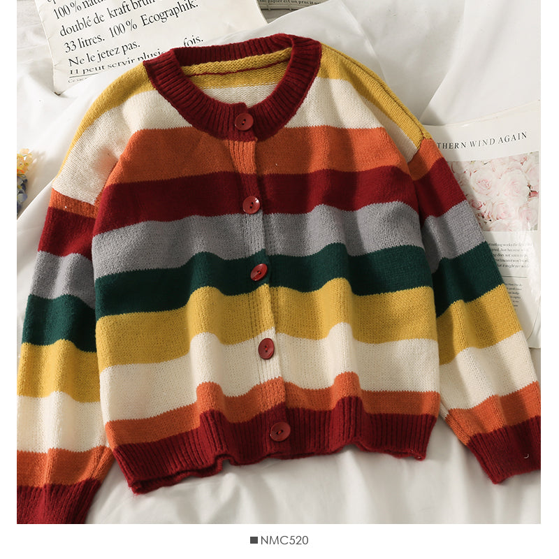 Pull cardigan fin et ample à rayures de couleur contrastée élégant des années 1980