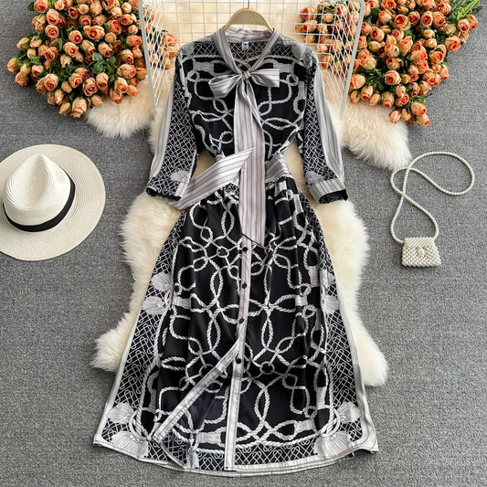 Robe mi-longue à imprimé nœud et fermeture à la taille haut de gamme française 3207