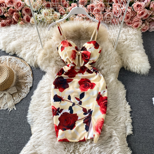 Backless printed suspender dress  2760