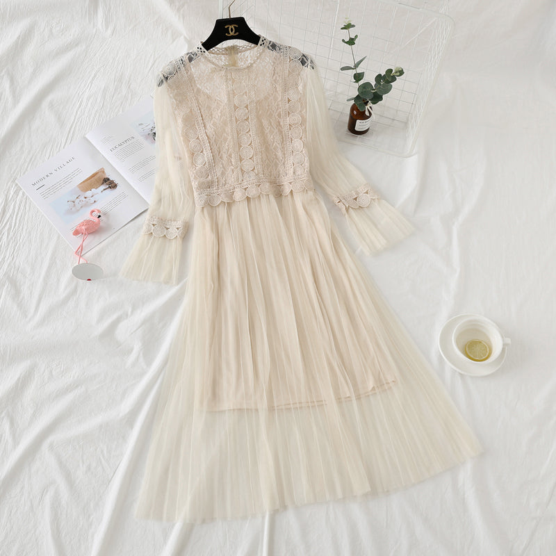 Lace stitched mesh dress women's super fairy suspender skirt two-piece set  2449
