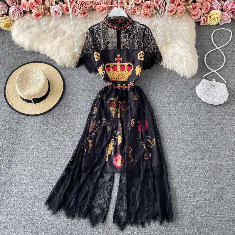 Robe vintage en dentelle à col montant de style familier léger Hepburn 3038