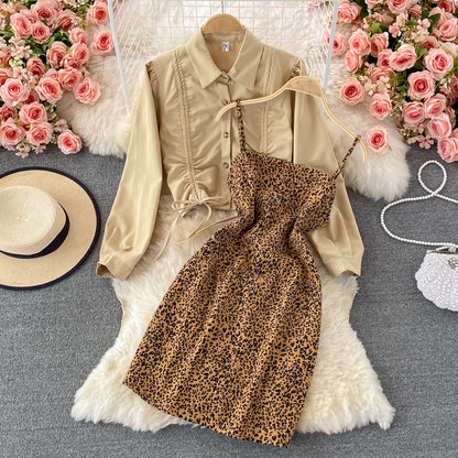 Ensemble deux pièces robe à bretelles léopard slim femme 3243