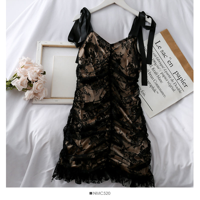 French lace stitched double layer backless suspender dress for women  2696
