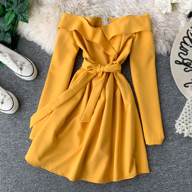 Sexy one line neck waist slim dress  2874