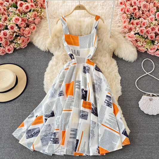 Slim temperament letter print large swing dress sleeveless  2900