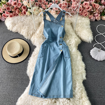 Robe à bretelles en jean fendue sans manches avec jupe gilet à bretelles 3312