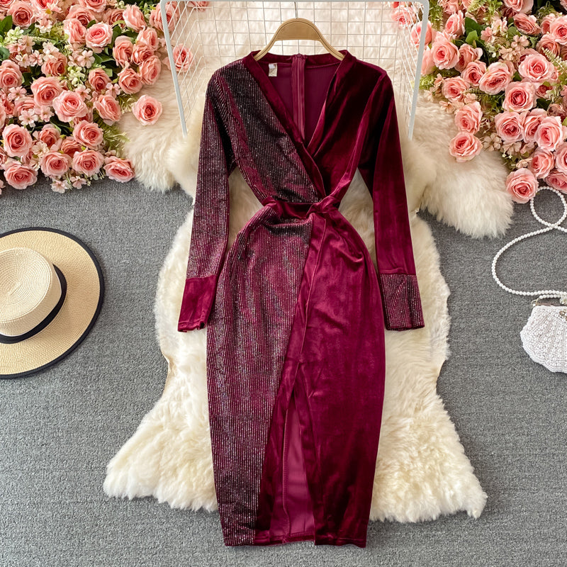 Robe portefeuille en velours à chaud, jupe longue, fermeture à la taille, coupe slim, 3235
