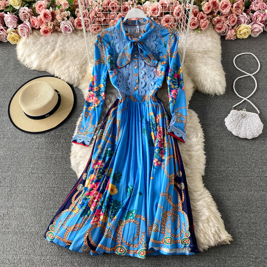 Robe plissée à imprimé nœud de tempérament de célébrité 3299