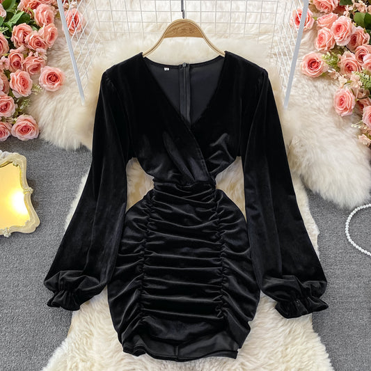 Robe portefeuille plissée à manches longues et col en V 3018