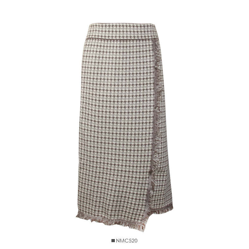 Hong Kong style retro Plaid medium length tassel high waist skirt  2611