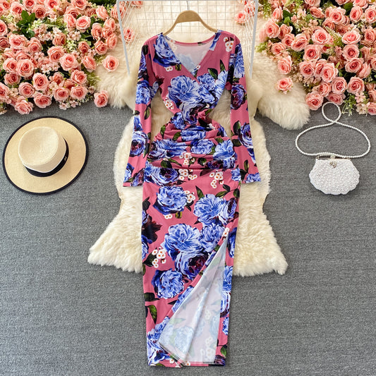 Robe moulante fendue à imprimé col en V 3086