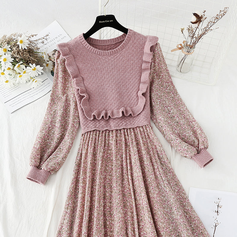 Dress foreign style age reduction splicing broken flower tea break Platycodon grandiflorum skirt  2261