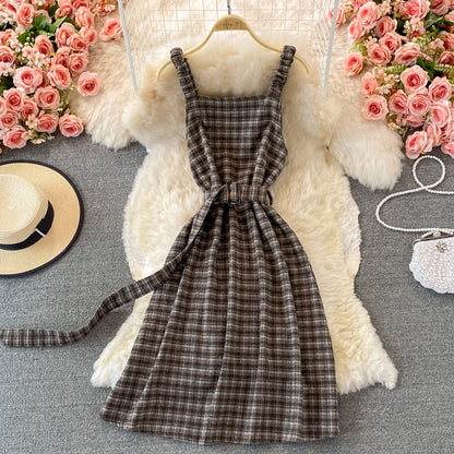 French retro Plaid strap skirt versatile backless A-line dress  2867