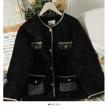 Seasonal bright silk trimmed lamb wool loose coat  2112