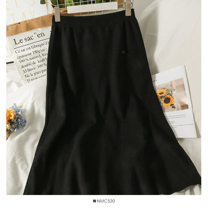 Hong Kong style retro elastic waist thin medium length skirt  2606