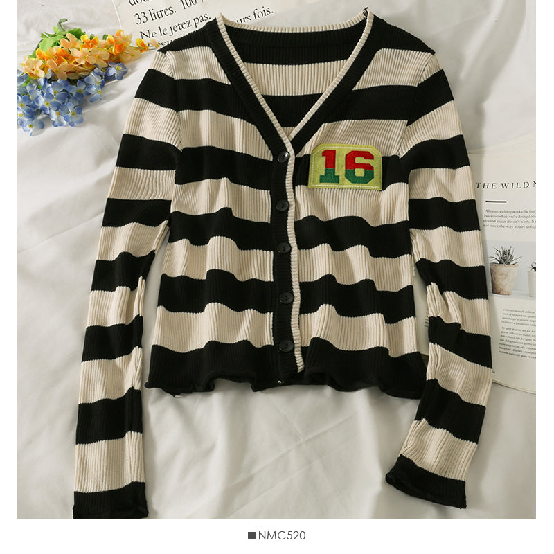 Cardigan rayé à simple boutonnage, pull à manches longues pour femme 2061