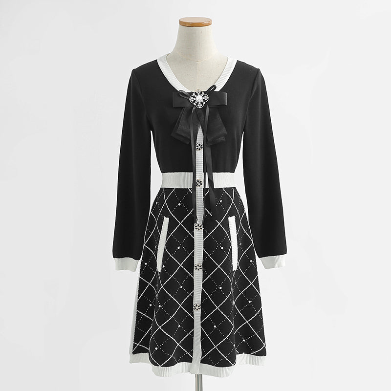 New bow knit dress long sleeve small fragrance A-line skirt  2421