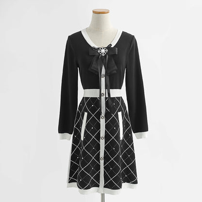 New bow knit dress long sleeve small fragrance A-line skirt  2421