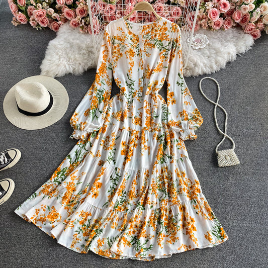Wind round neck printed Bubble Sleeve Ruffle lace long skirt  3432