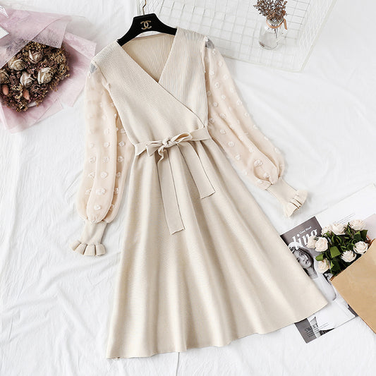 Small fragrance skirt children's French retro waist shows thin temperament V-neck  2145