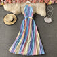 New sleeveless gradient rainbow neck suspender Pleated Dress  2728