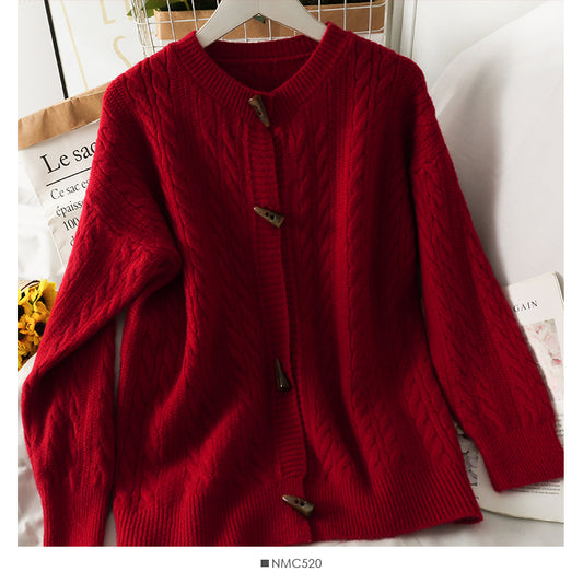 Pull femme couleur unie bouton corne de bœuf col rond pull 1825