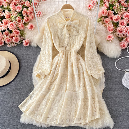ROBE EN DENTELLE À NŒUD mi-longue et taille fine 3232