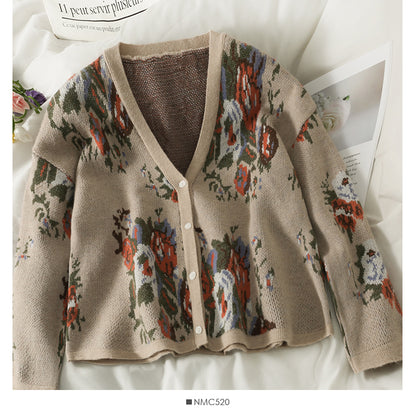 Cardigan à manches longues et col bas imprimé vintage Hong Kong pour femme 1994