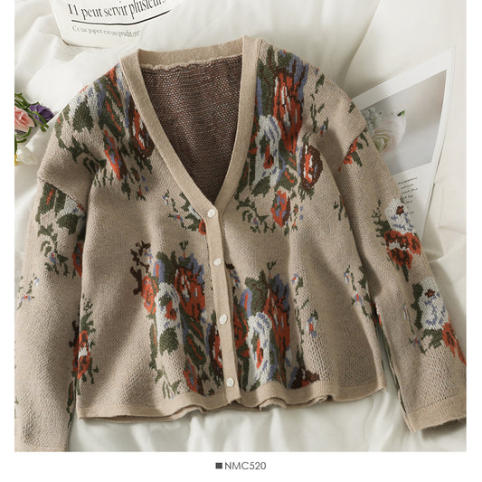 Cardigan à manches longues et col bas imprimé vintage Hong Kong pour femme 1994