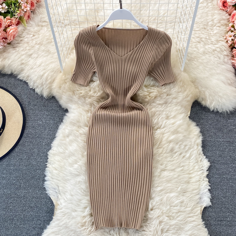 Robe en maille slim à col en V Hip Wrap 2973