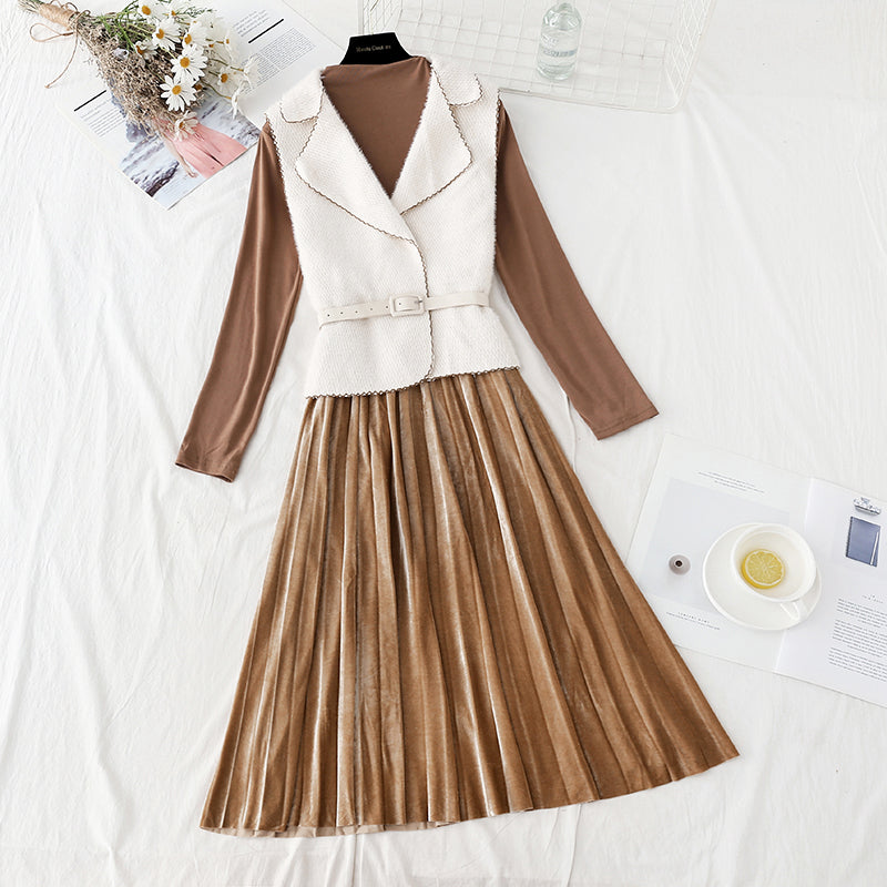 New vest velvet pleated skirt temperament two piece set  2405
