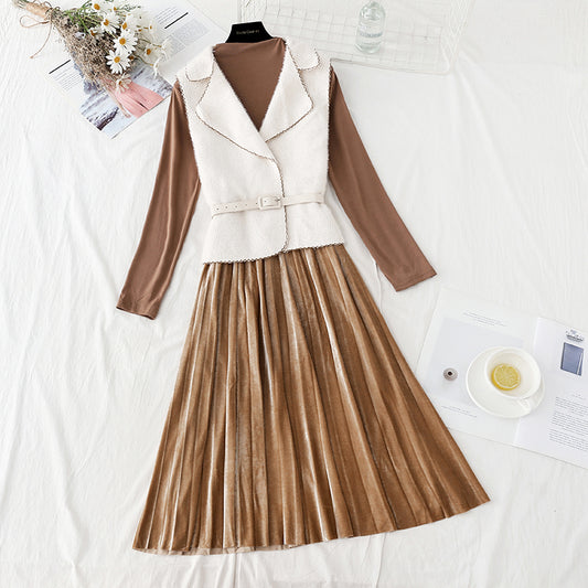New vest velvet pleated skirt temperament two piece set  2405