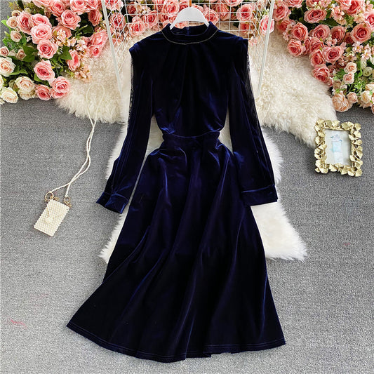 Stand neck off shoulder velvet A-line dress  3034