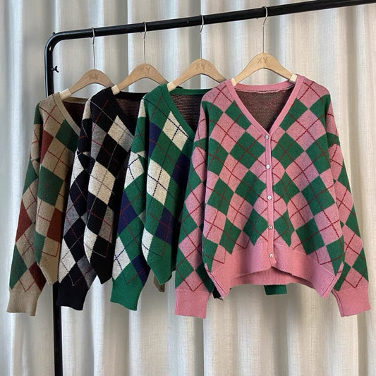 Rhomb, cardigan, pull-over de style britannique à col en V de couleur contrastée, haut en tricot à manches longues vintage d'automne 1425