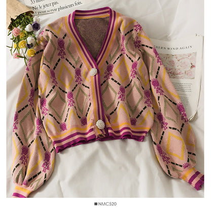 Pull court ample à manches longues et col en V pour femme, imprimé vintage, à carreaux, automne, 2066