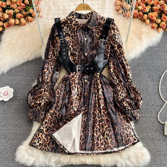 Shang Snake Print Lantern Sleeve single breasted Lapel dress  3122