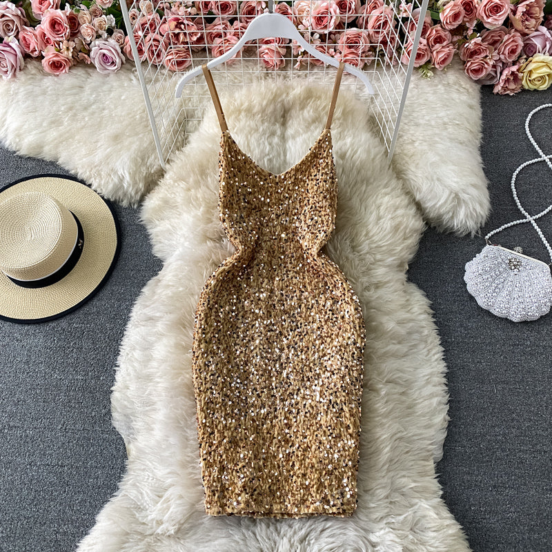 French Hepburn temperament Sequin Hip Wrap Dress  2752