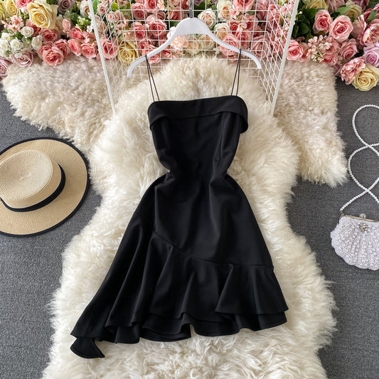Slim irregular Ruffle suspender dress  2839