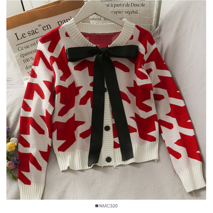 Pull simple boutonnage à col rond et nœud papillon doux et polyvalent pour femme 1988