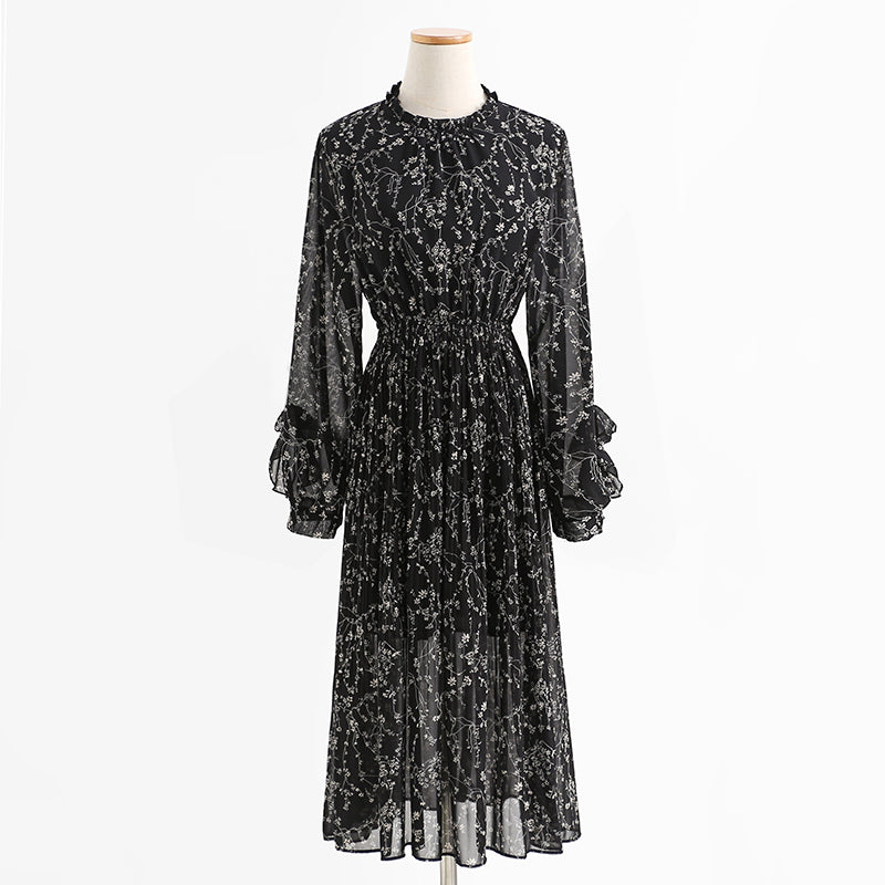 Chiffon pleated skirt, fungus floral dress, slim dress, lady dress  2432
