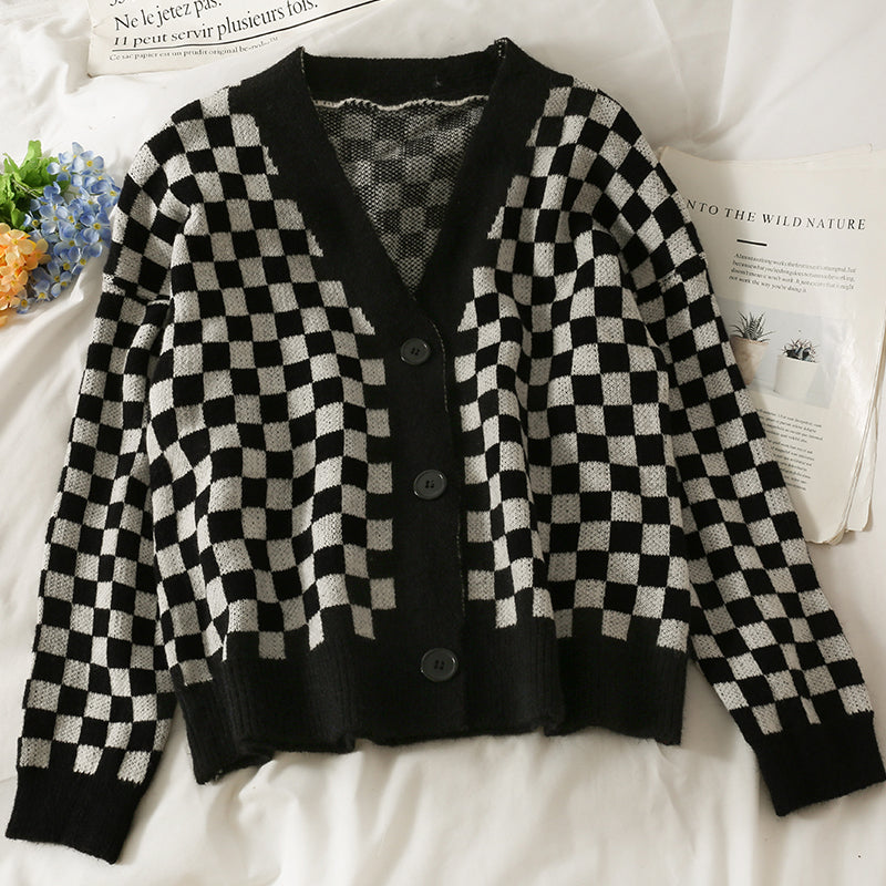 Cardigan à simple boutonnage, pull à carreaux, pull pour femme 1789