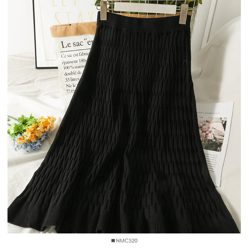 Korean stripe high waist thin solid color versatile knitted skirt  2648