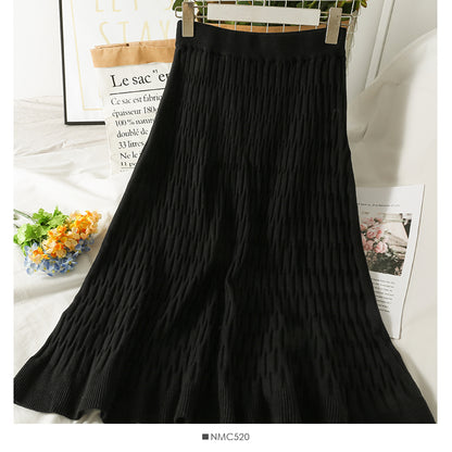 Korean stripe high waist thin solid color versatile knitted skirt  2648