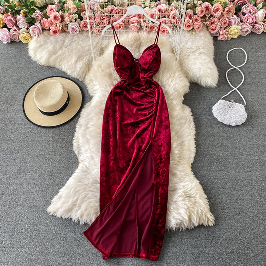 Robe fendue à bretelles en velours 3050