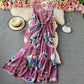 Robe élégante à col ras du cou avec imprimé rose français 3419