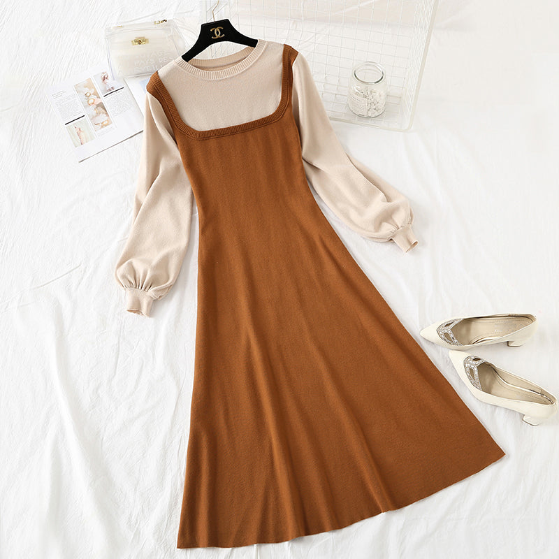 New French retro color matching college slim bottomed sweater long skirt  2424